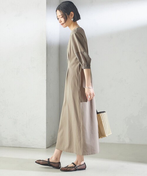 セール】〈手洗い可能〉シアー スリーブ 切替 ジャージー ワンピース