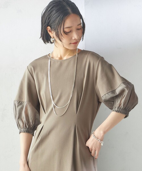 手洗い可能〉シアー スリーブ 切替 ジャージー ワンピース