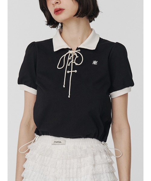 jouetie（ジュエティ）の「レースアップポロシャツ（ポロシャツ・レディース・ピンク/オフホワイト/ブルー/ブラック・MEDIUM）」の3枚目の写真