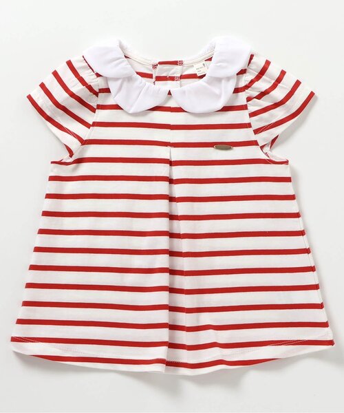 apres les cours（アプレレクール）の「【ジュニア対応】スカラップ衿ボーダー半袖チュニック（Tシャツ/カットソー・キッズ・レッド/ネイビー・130/140/80/90/100/110/120）」の2枚目の写真