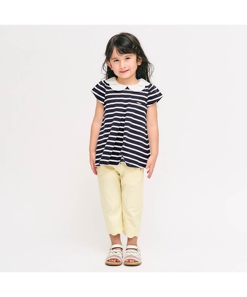 apres les cours（アプレレクール）の「【ジュニア対応】スカラップ衿ボーダー半袖チュニック（Tシャツ/カットソー・キッズ・レッド/ネイビー・130/140/80/90/100/110/120）」の3枚目の写真