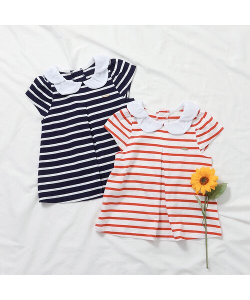 apres les cours（アプレレクール）の「【ジュニア対応】スカラップ衿ボーダー半袖チュニック（Tシャツ/カットソー・キッズ・レッド/ネイビー・130/140/80/90/100/110/120）」の5枚目の写真