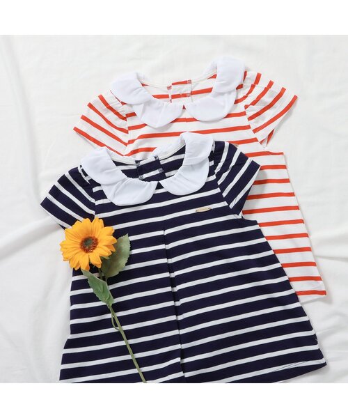 apres les cours（アプレレクール）の「【ジュニア対応】スカラップ衿ボーダー半袖チュニック（Tシャツ/カットソー・キッズ・レッド/ネイビー・130/140/80/90/100/110/120）」の6枚目の写真