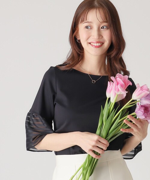 tシャツ 「洗える／日本製／接触冷感」シアーボーダー袖のジャージプルオーバー レディース 洗える／日本製／接触冷感】シアーボーダー袖のジャージプル