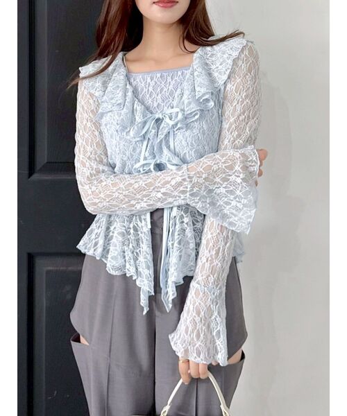 【SALE】　dazzlin　ラッフルヘムレースアンサンブル　0225327005 セール】ラッフルヘムレースアンサンブル（Tシャツ/カットソー