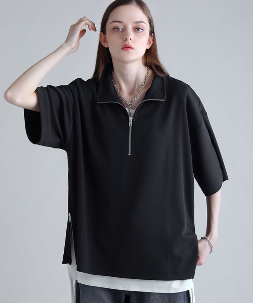 SOCCE（ソーシー）の「カットジョーゼットサイドジップハーフジップカットソー（Tシャツ/カットソー・メンズ・ホワイト/ブラック/グレー・S/M/L/XL）」の2枚目の写真