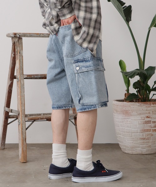 スタッズリジットデニムバギーショーツ(海外ストリート) STUDDED RIGID DENIM BAGGY SHORTS／スタッズリジットデニム