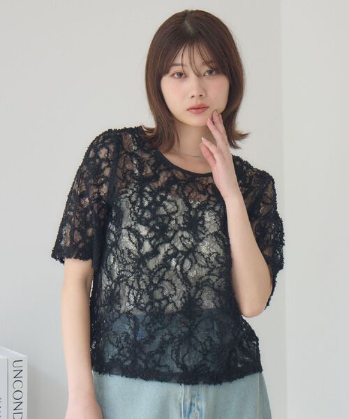 RETRO GIRL（レトロガール）の「刺繍レース半袖CT（Tシャツ/カットソー・レディース・ブラック/オフホワイト/ナチュラル・FREE）」の4枚目の写真