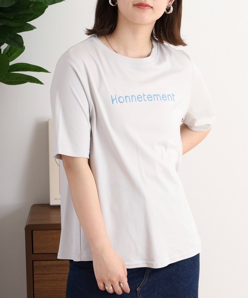 EGLANTINE(エグランティーヌ)の「EGLANTINE ロゴプリントAライン半袖Tシャツ【日本製】(Tシャツ/カットソー・レディース・シルバーグレー/オフホワイト/オレンジ/イエロー/ラベンダー・40)」の10枚目の写真