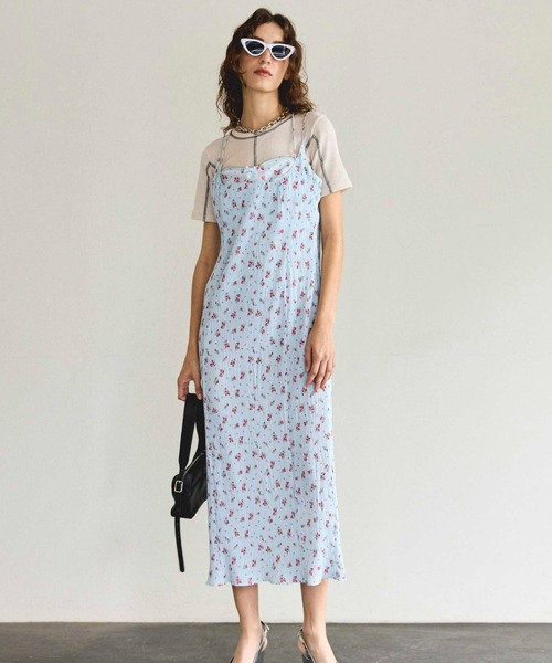 未使用級✨Sov.　オリジナルマットサテンワンピース　フラワー　プリーツ　38 未使用級✨Sov. オリジナルマットサテンワンピース フラワー