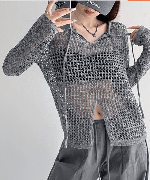 WESTSEA(ウエストシー)の「透かし編 ニットトップス / シアーニット 長袖 Vネック 無地(ニット/セーター・レディース・ブラック/グレー・FREE)」の1枚目の写真