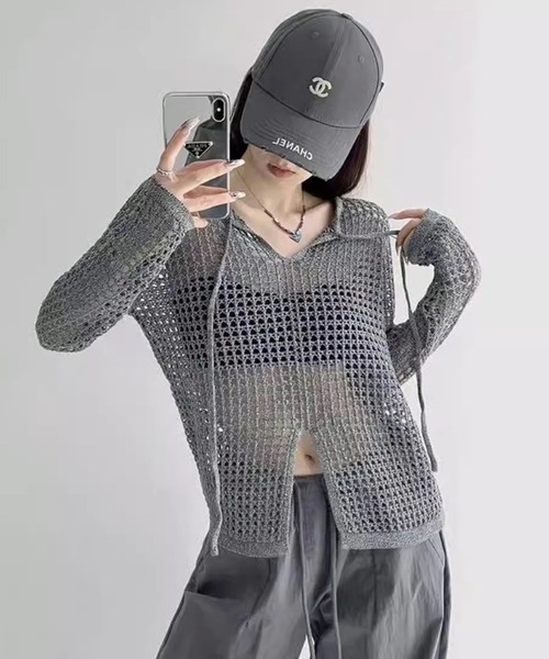 WESTSEA(ウエストシー)の「透かし編 ニットトップス / シアーニット 長袖 Vネック 無地(ニット/セーター・レディース・ブラック/グレー・FREE)」の5枚目の写真