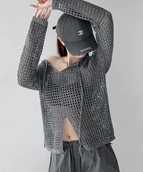 WESTSEA(ウエストシー)の「透かし編 ニットトップス / シアーニット 長袖 Vネック 無地(ニット/セーター・レディース・ブラック/グレー・FREE)」の6枚目の写真
