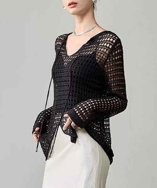 WESTSEA(ウエストシー)の「透かし編 ニットトップス / シアーニット 長袖 Vネック 無地(ニット/セーター・レディース・ブラック/グレー・FREE)」の9枚目の写真