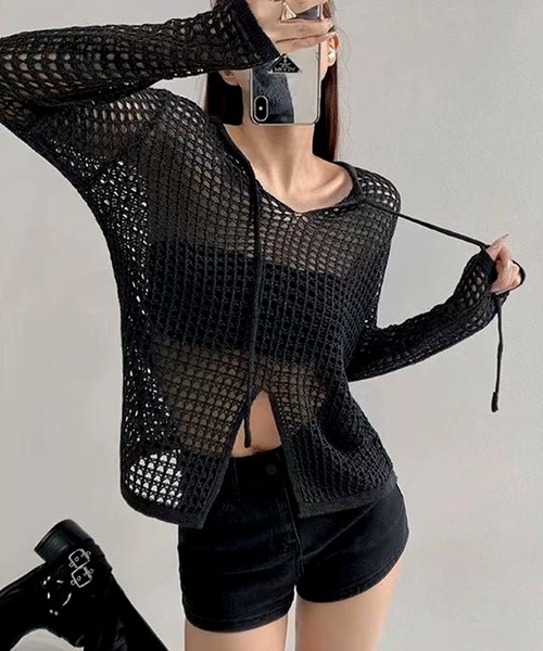 WESTSEA(ウエストシー)の「透かし編 ニットトップス / シアーニット 長袖 Vネック 無地(ニット/セーター・レディース・ブラック/グレー・FREE)」の10枚目の写真