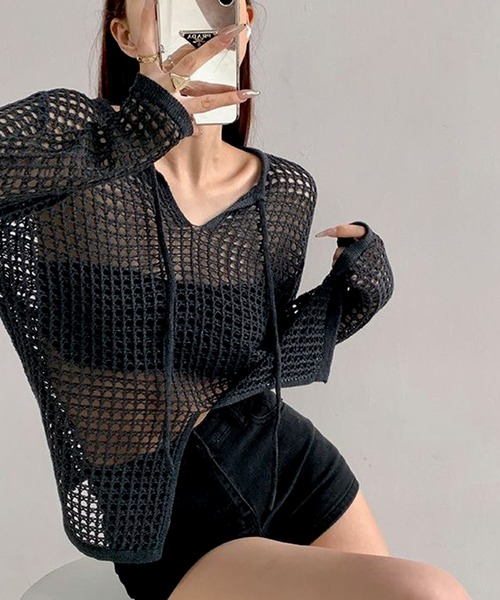 WESTSEA(ウエストシー)の「透かし編 ニットトップス / シアーニット 長袖 Vネック 無地(ニット/セーター・レディース・ブラック/グレー・FREE)」の11枚目の写真