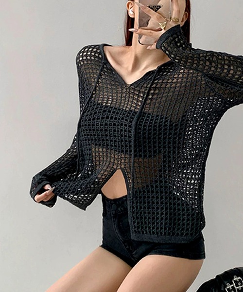 WESTSEA(ウエストシー)の「透かし編 ニットトップス / シアーニット 長袖 Vネック 無地(ニット/セーター・レディース・ブラック/グレー・FREE)」の12枚目の写真