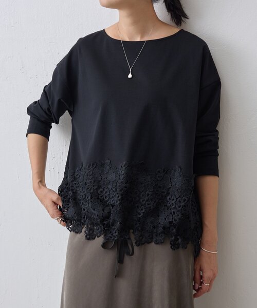 新品タグ付き　ビアズリー　BEARDSLEY 裾レースコットンカットソー 黒 裾レースコットンカットソー | BEARDSLEY(ビアズリー)レディース | PAL