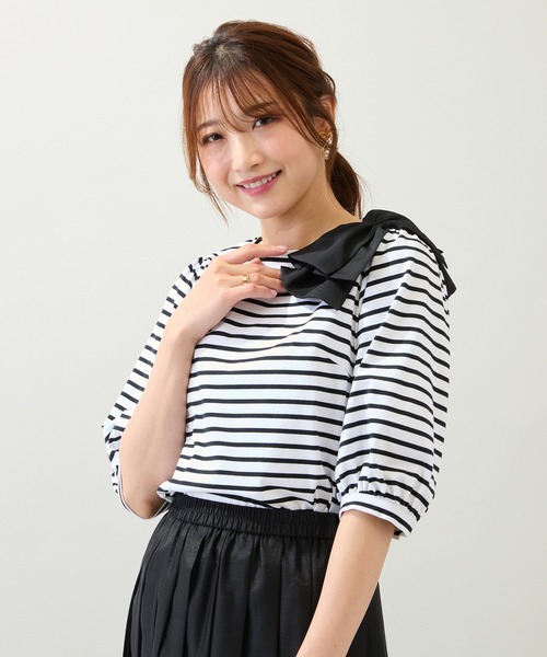 Rose Tiara(ローズティアラ)の「【接触冷感/綿100%/手洗いOK】ビッグリボンカットソー/ボーダー(Tシャツ/カットソー・レディース・ブラック・38/42/46)」の16枚目の写真
