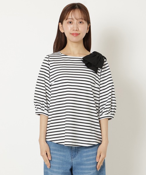 Rose Tiara(ローズティアラ)の「【接触冷感/綿100%/手洗いOK】ビッグリボンカットソー/ボーダー(Tシャツ/カットソー・レディース・ブラック・38/42/46)」の10枚目の写真