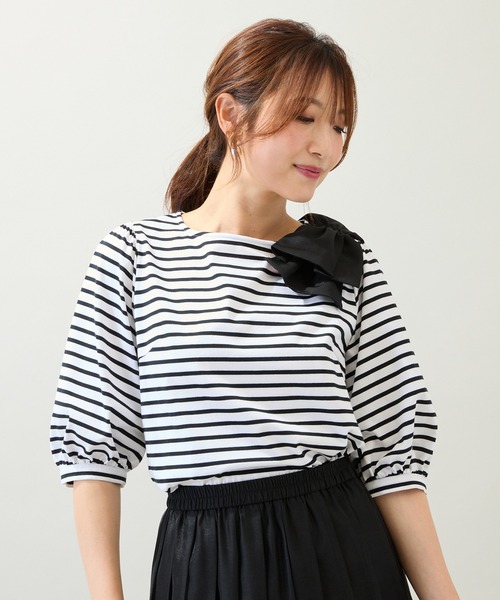 Rose Tiara(ローズティアラ)の「【接触冷感/綿100%/手洗いOK】ビッグリボンカットソー/ボーダー(Tシャツ/カットソー・レディース・ブラック・38/42/46)」の14枚目の写真