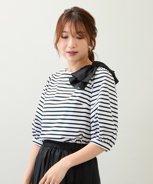 Rose Tiara(ローズティアラ)の「【接触冷感/綿100%/手洗いOK】ビッグリボンカットソー/ボーダー(Tシャツ/カットソー・レディース・ブラック・38/42/46)」の15枚目の写真