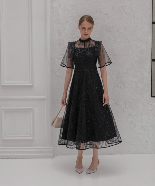 フラップデザインフラワースパンコールAラインワンピースドレス結婚式パーティー セール】【LEJA】フラップデザインフラワースパンコールAライン