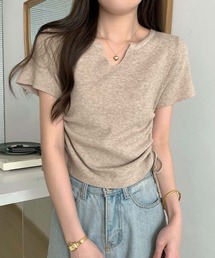 キーネックサイドギャザー半袖ニット