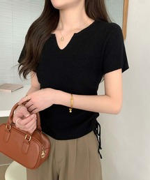 キーネックサイドギャザー半袖ニット