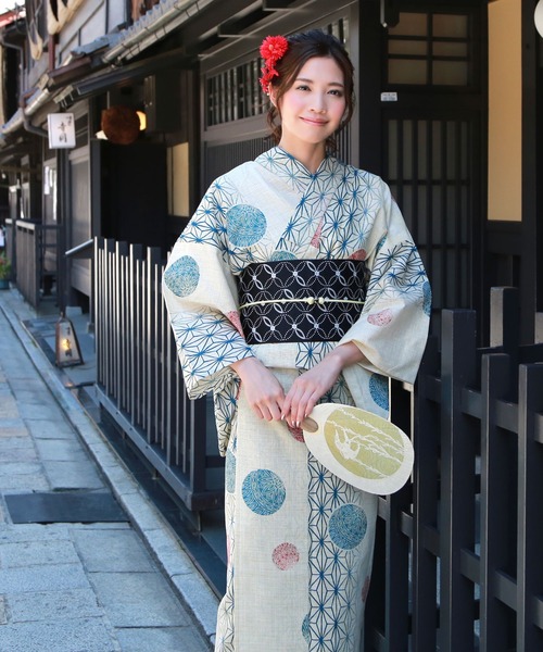 綿麻浴衣3点セット「生成り地に麻の葉と鞠」（浴衣）｜和