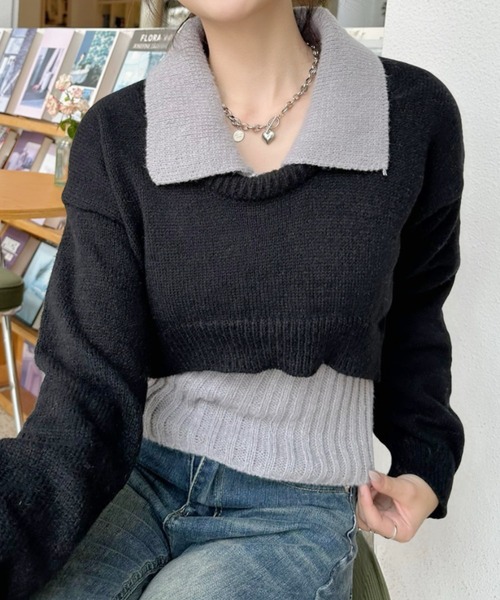Ada.(エイダ)の「2pcsセット レイヤード クロップド ニットトップス(ニット/セーター・レディース・ライトブルー/ブラック/グレー・FREE)」の2枚目の写真