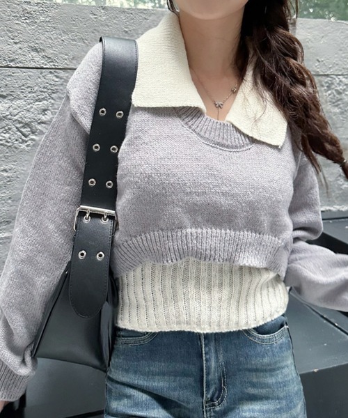 Ada.(エイダ)の「2pcsセット レイヤード クロップド ニットトップス(ニット/セーター・レディース・ライトブルー/ブラック/グレー・FREE)」の15枚目の写真