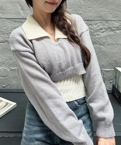 Ada.(エイダ)の「2pcsセット レイヤード クロップド ニットトップス(ニット/セーター・レディース・ライトブルー/ブラック/グレー・FREE)」の12枚目の写真