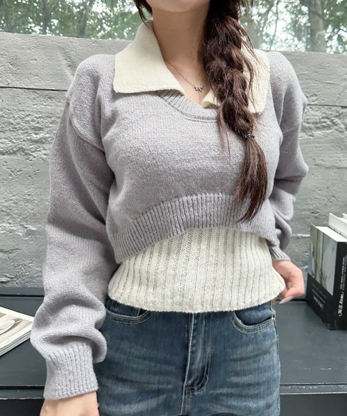 Ada.(エイダ)の「2pcsセット レイヤード クロップド ニットトップス(ニット/セーター・レディース・ライトブルー/ブラック/グレー・FREE)」の22枚目の写真