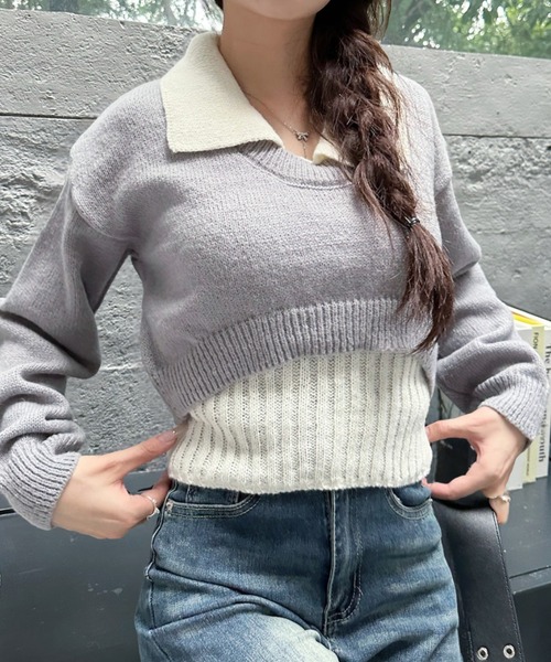 Ada.(エイダ)の「2pcsセット レイヤード クロップド ニットトップス(ニット/セーター・レディース・ライトブルー/ブラック/グレー・FREE)」の21枚目の写真