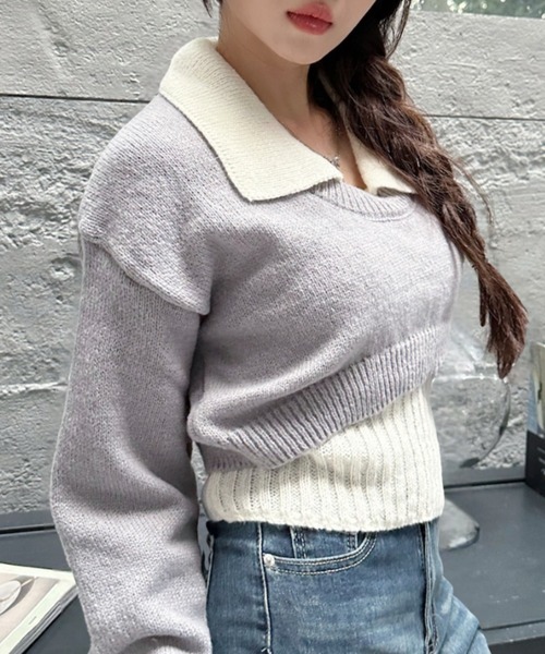 Ada.(エイダ)の「2pcsセット レイヤード クロップド ニットトップス(ニット/セーター・レディース・ライトブルー/ブラック/グレー・FREE)」の14枚目の写真