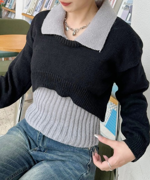 Ada.(エイダ)の「2pcsセット レイヤード クロップド ニットトップス(ニット/セーター・レディース・ライトブルー/ブラック/グレー・FREE)」の18枚目の写真