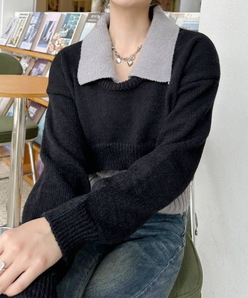Ada.(エイダ)の「2pcsセット レイヤード クロップド ニットトップス(ニット/セーター・レディース・ライトブルー/ブラック/グレー・FREE)」の10枚目の写真