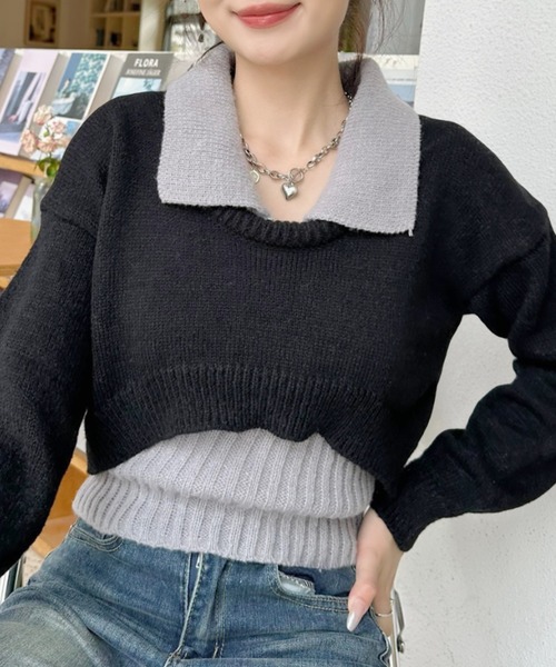 Ada.(エイダ)の「2pcsセット レイヤード クロップド ニットトップス(ニット/セーター・レディース・ライトブルー/ブラック/グレー・FREE)」の20枚目の写真