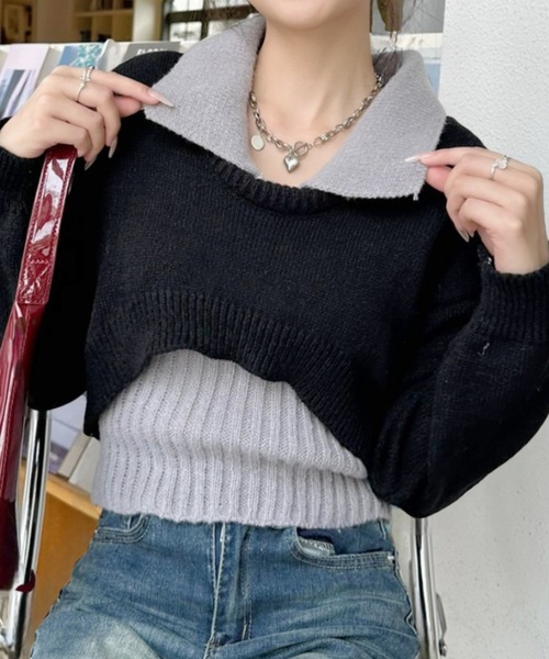 Ada.(エイダ)の「2pcsセット レイヤード クロップド ニットトップス(ニット/セーター・レディース・ライトブルー/ブラック/グレー・FREE)」の11枚目の写真
