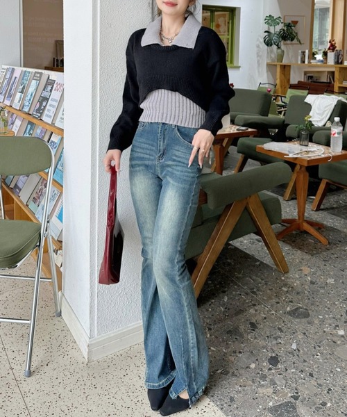 Ada.(エイダ)の「2pcsセット レイヤード クロップド ニットトップス(ニット/セーター・レディース・ライトブルー/ブラック/グレー・FREE)」の6枚目の写真