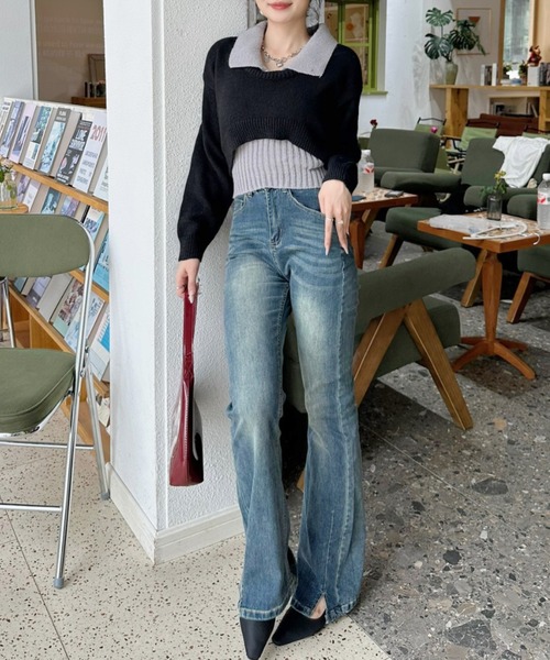 Ada.(エイダ)の「2pcsセット レイヤード クロップド ニットトップス(ニット/セーター・レディース・ライトブルー/ブラック/グレー・FREE)」の5枚目の写真