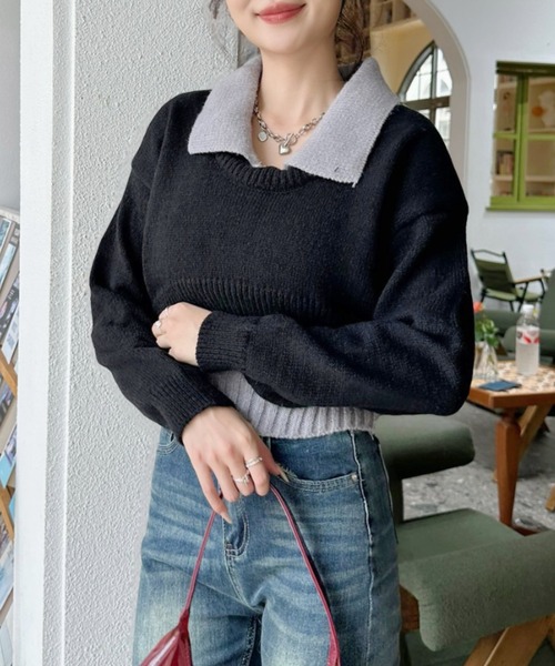 Ada.(エイダ)の「2pcsセット レイヤード クロップド ニットトップス(ニット/セーター・レディース・ライトブルー/ブラック/グレー・FREE)」の16枚目の写真
