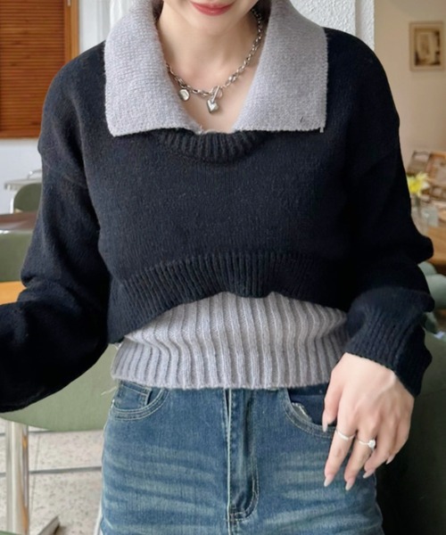Ada.(エイダ)の「2pcsセット レイヤード クロップド ニットトップス(ニット/セーター・レディース・ライトブルー/ブラック/グレー・FREE)」の17枚目の写真