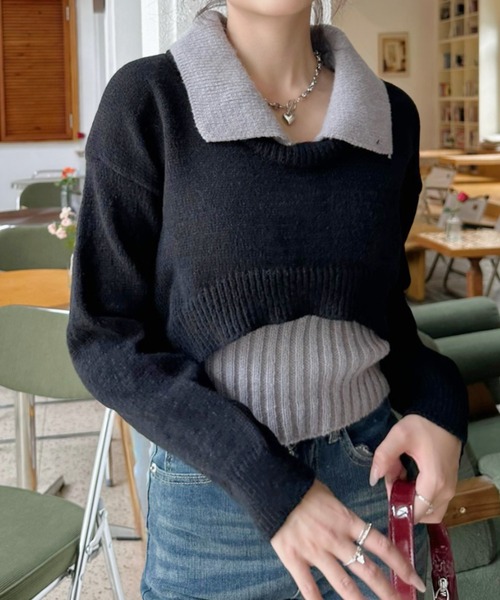 Ada.(エイダ)の「2pcsセット レイヤード クロップド ニットトップス(ニット/セーター・レディース・ライトブルー/ブラック/グレー・FREE)」の7枚目の写真