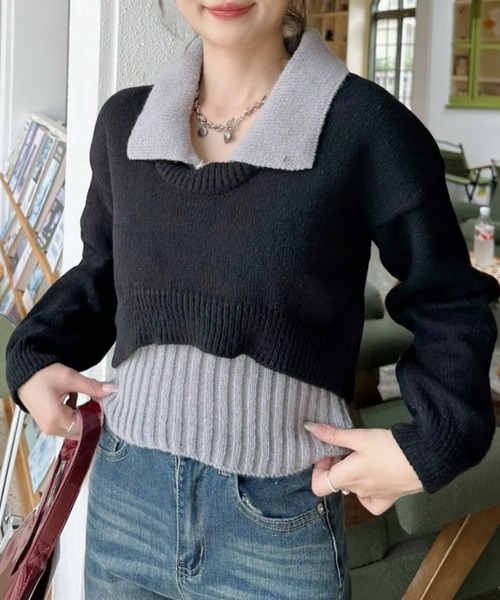 Ada.(エイダ)の「2pcsセット レイヤード クロップド ニットトップス(ニット/セーター・レディース・ライトブルー/ブラック/グレー・FREE)」の8枚目の写真