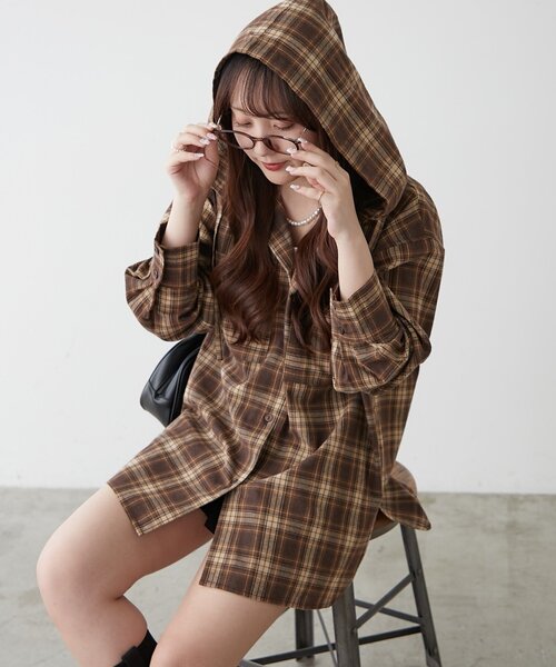 フード付チェックオーバーシャツ（シャツ/ブラウス）｜continuer de