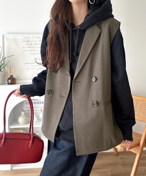 classicalelf（クラシカルエルフ）の「いつものコーデに重ねるだけ。即、今っぽこなれ感。ダブルジャケットジレベスト（ベスト・レディース・ブラウン/ベージュ/ブラック・MEDIUM/LARGE/X-LARGE/SMALL）」の17枚目の写真