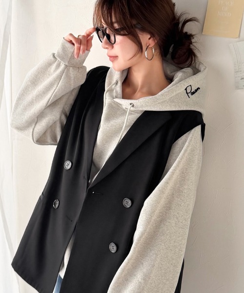 classicalelf（クラシカルエルフ）の「いつものコーデに重ねるだけ。即、今っぽこなれ感。ダブルジャケットジレベスト（ベスト・レディース・ブラウン/ベージュ/ブラック・MEDIUM/LARGE/X-LARGE/SMALL）」の5枚目の写真