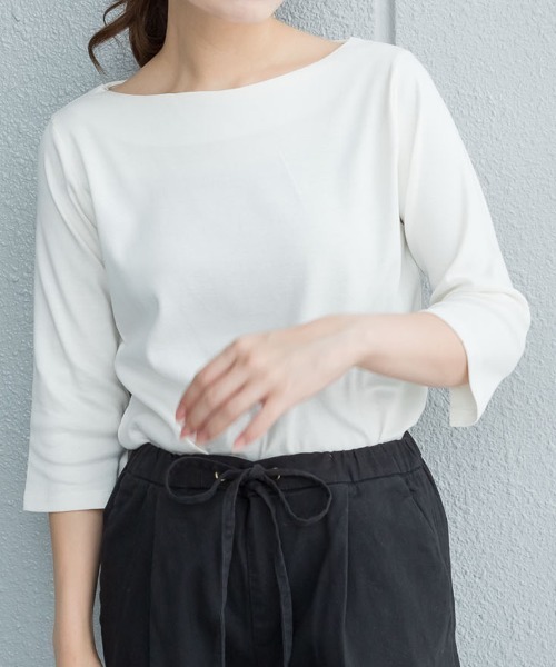 RCD(アールシーディー)の「ボートネック七分袖プルオーバー(Tシャツ/カットソー・レディース・ブラック/カーキ/オフホワイト/杢グレー/チャコールグレー・M/LL/3L/4L/L)」の1枚目の写真